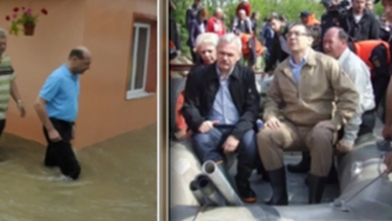 Băsescu, în apă până la genunchi, Ponta în barcă: Cum vizita preşedintele zonele inundate (FOTO)