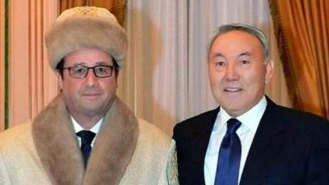 Francois Hollande, ironizat și comparat cu Borat, după ce a apărut îmbrăcat cu blană tradițională kazahă (FOTO)