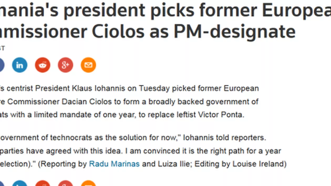 Cum este văzută numirea lui Dacian Cioloș de către Klaus Iohannis în calitate de Premier în presa internațională