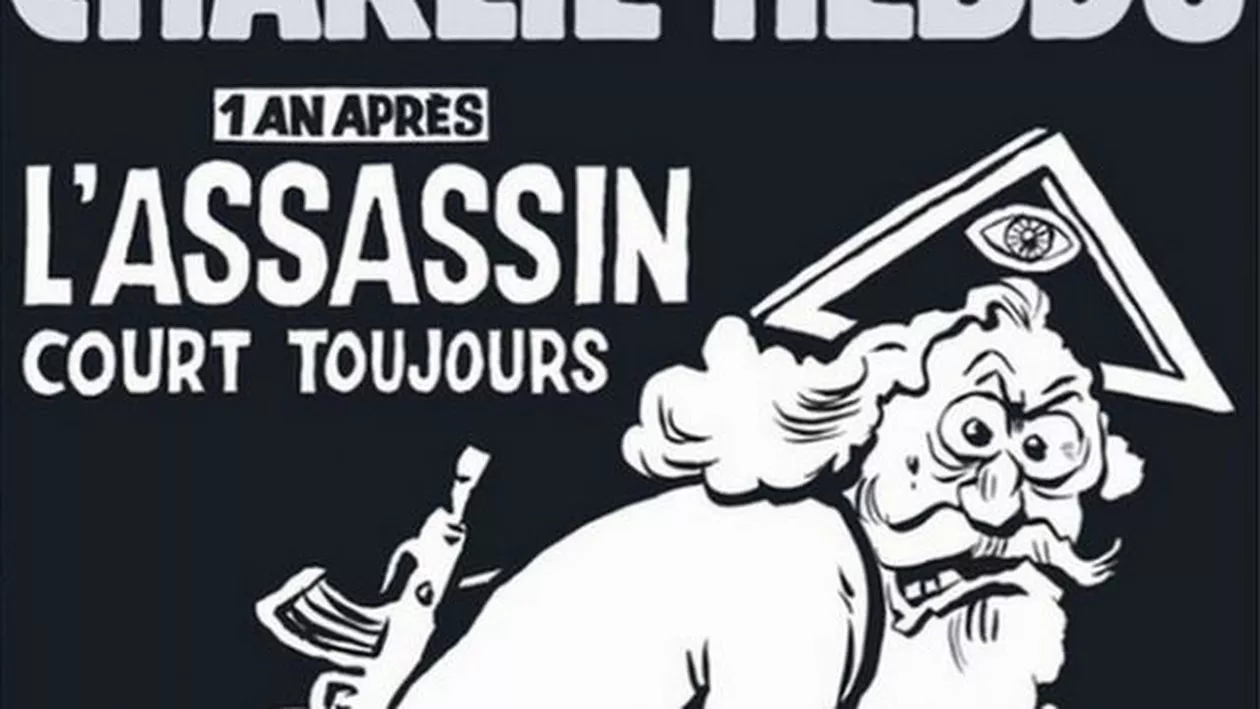 Caricatura din Charlie Hebdo care a revoltat Vaticanul: Dumnezeu apare înarmat şi cu îmbrăcămintea pătată de sânge (FOTO)