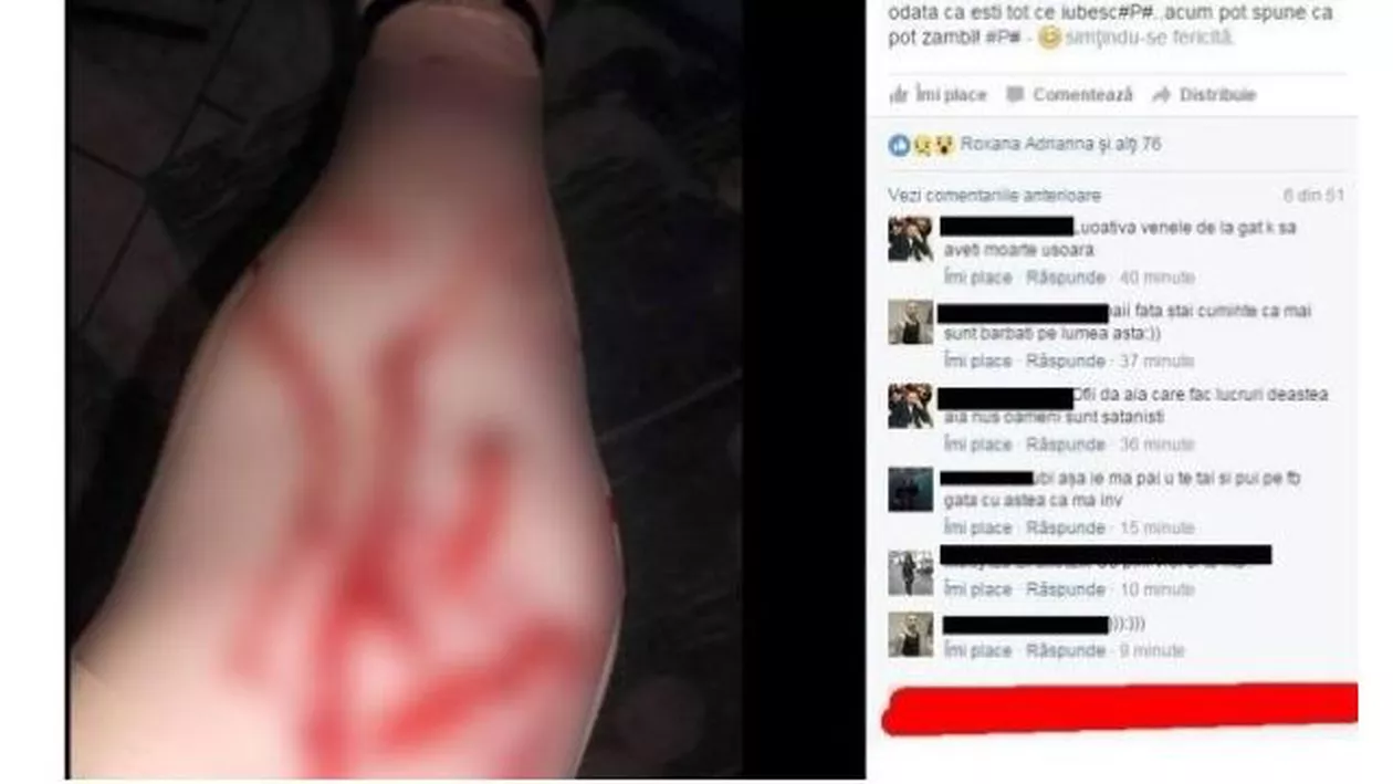 "Ești tot ce iubesc, înțelegi? Viața mea e zero fără tine", este mesajul pe care o elevă din Găești l-a scris lângă o poză în care arăta cum s-a tăiat cu lama pe mână