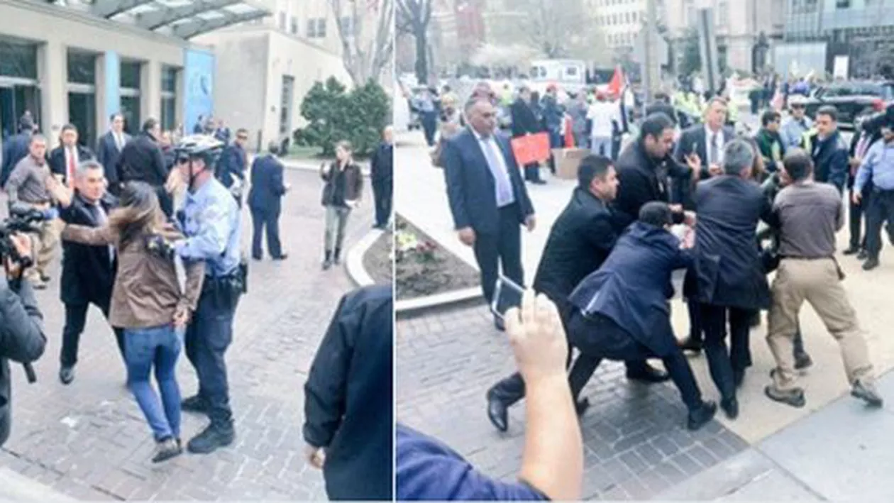 "Ești o târfă PKK-istă!" Gărzile de corp ale președintelui Erdogan au bruscat o jurnalistă prezentă la un protest contra politicilor șefului statului turc (VIDEO, FOTO)