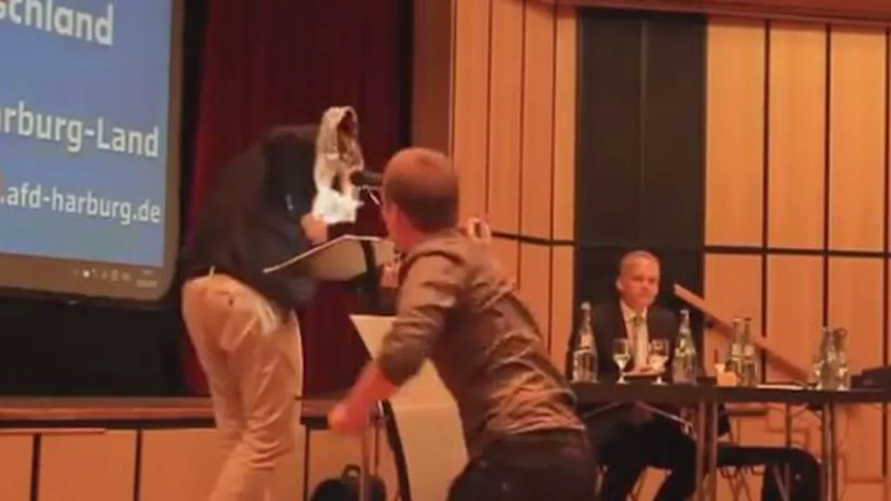 Un activist german a fost rănit, după ce un tort i-a fost aruncat în cap (VIDEO)