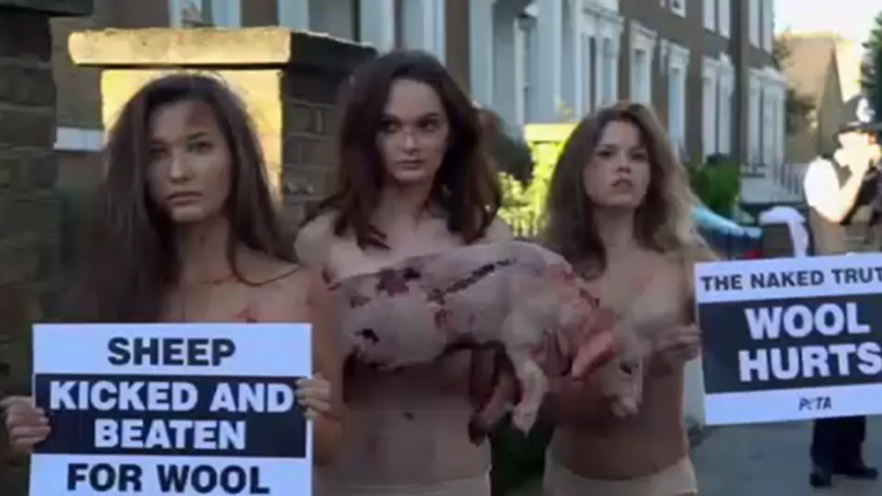 La miting cu o replică a unui miel mort: Imaginile înfiorătoare ale unor protestatare pentru drepturile animalelor (FOTO, VIDEO)