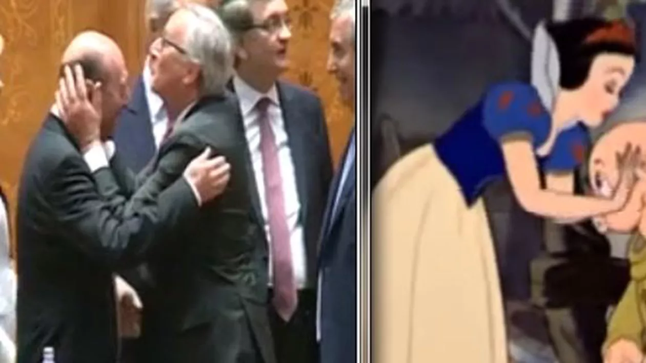 Traian BĂSESCU, pupat pe frunte de Jean Claude JUNCKER, la fel cum ALBĂ CA ZĂPADA l-a pupat pe piticul MUTULICĂ (VIDEO)