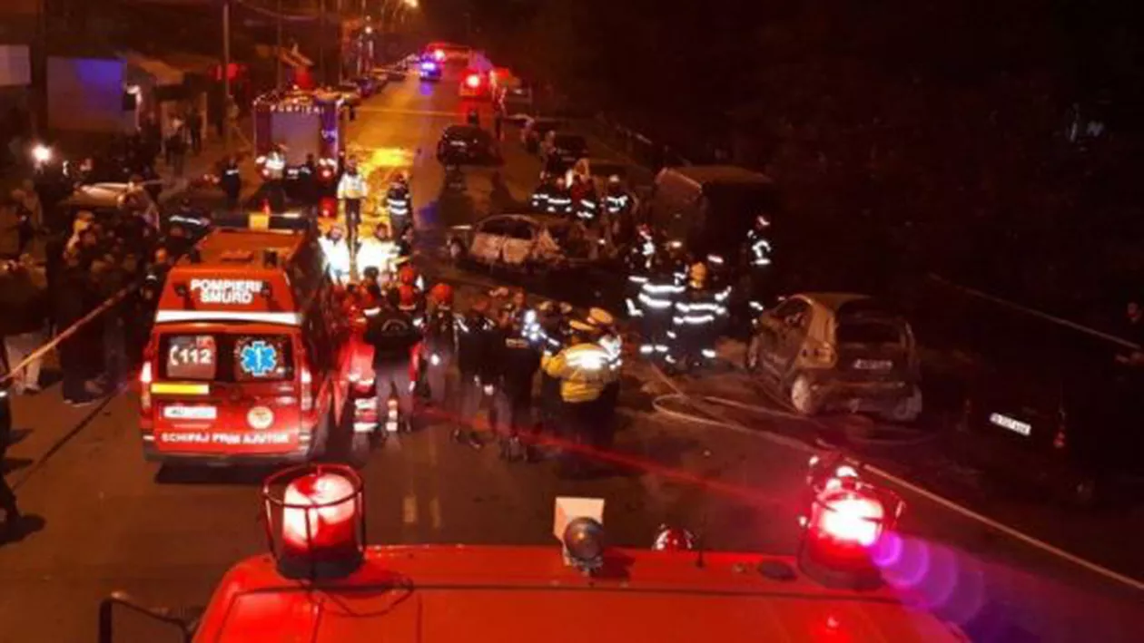 Accident rutier grav în București: Mai multe mașini au luat foc. O femeie a decedat