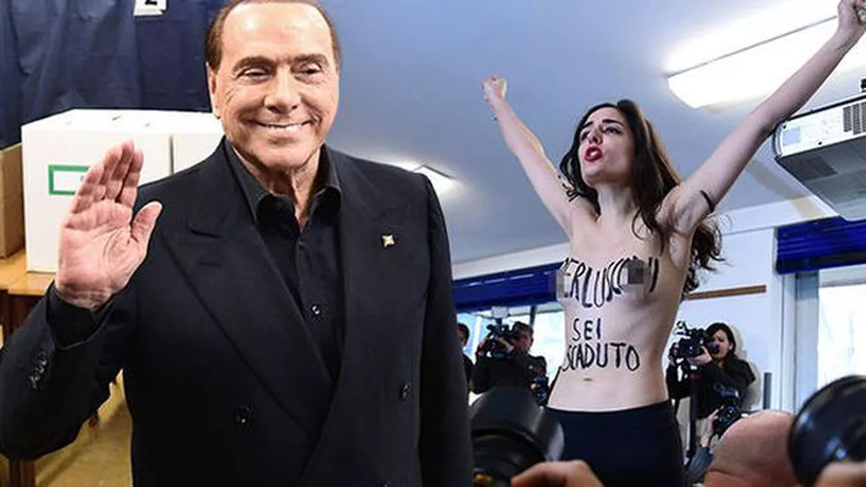 Alegeri PALPITANTE în Italia: O femeie TOPLESS a protestat faţă de Berlusconi numindu-l „expirat” (VIDEO, FOTO)