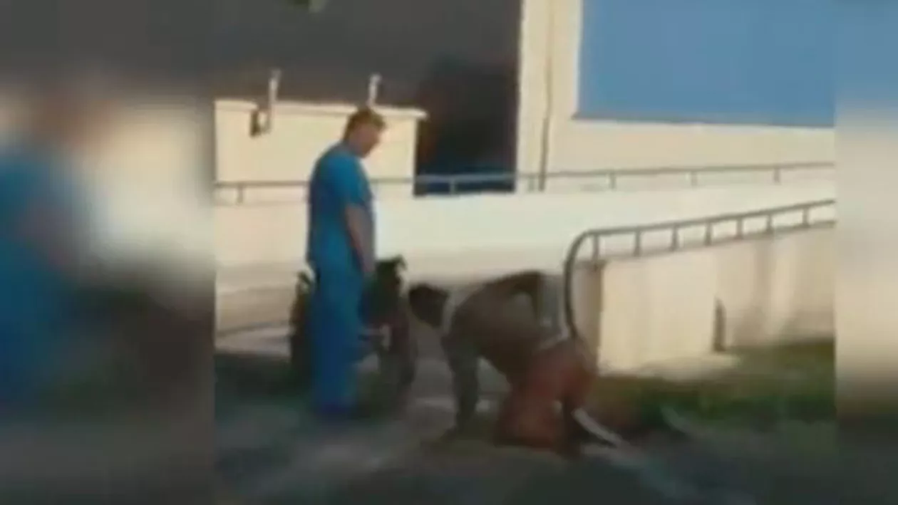 Călăraşi: Pacient, lăsat să se târască în genunchi în faţa spitalului, în timp ce un angajat trece pe lângă el împingând un scaun cu rotile gol (VIDEO)