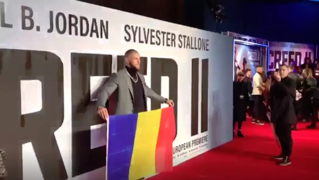 APARIŢIE de SENZAŢIE a luptătorului român care joacă în 'Creed 2'! Gest INCREDIBIL făcut pe covorul roşu la premiera filmului (VIDEO)