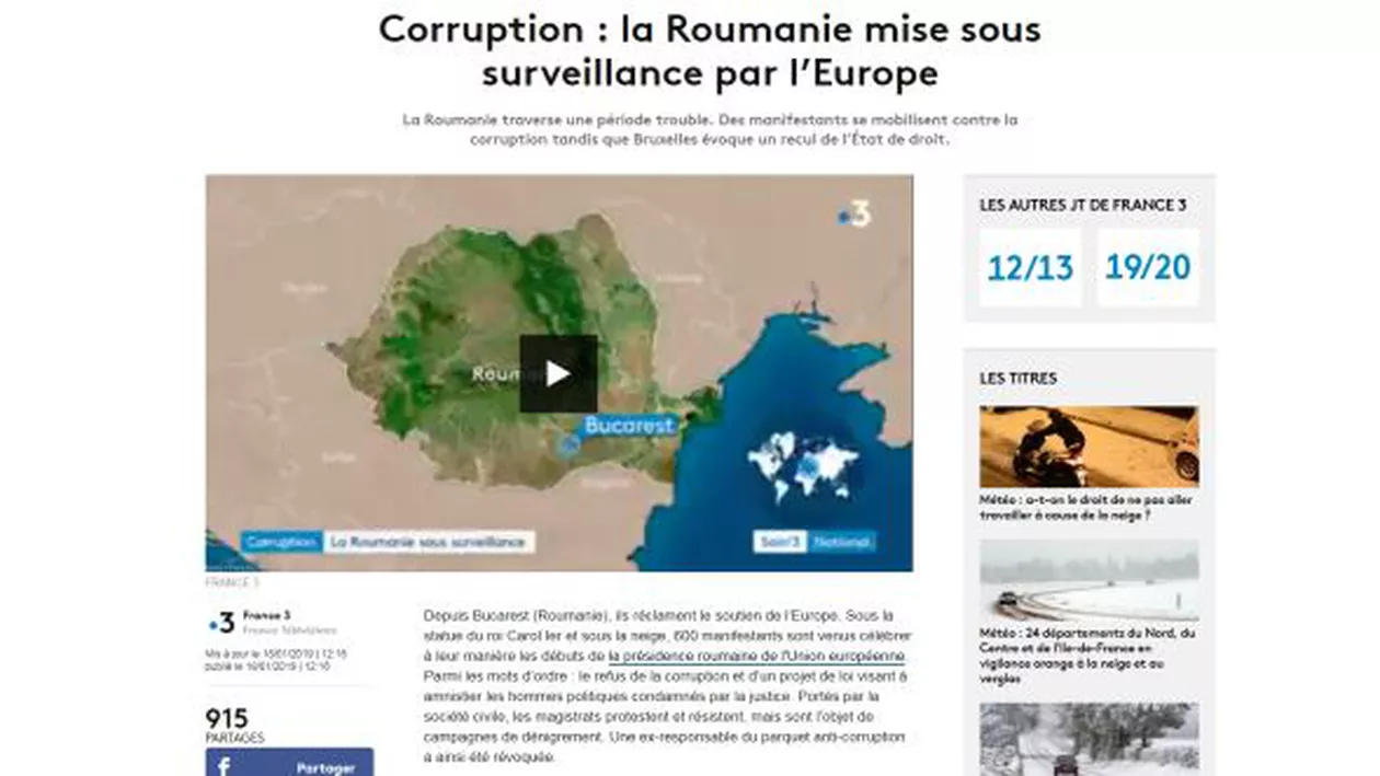 France 3: România, sub supravegherea UE din cauza corupției. ''Obiectivul acestor atacuri este stoparea anchetelor privind infracțiunile cele mai grave''