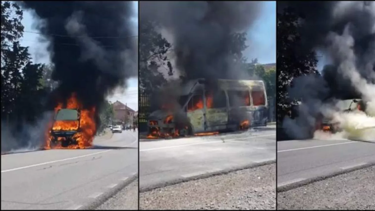 Microbuz în FLĂCĂRI: Șoferul şi pasagerii s-au salvat în ultimul moment (Video)