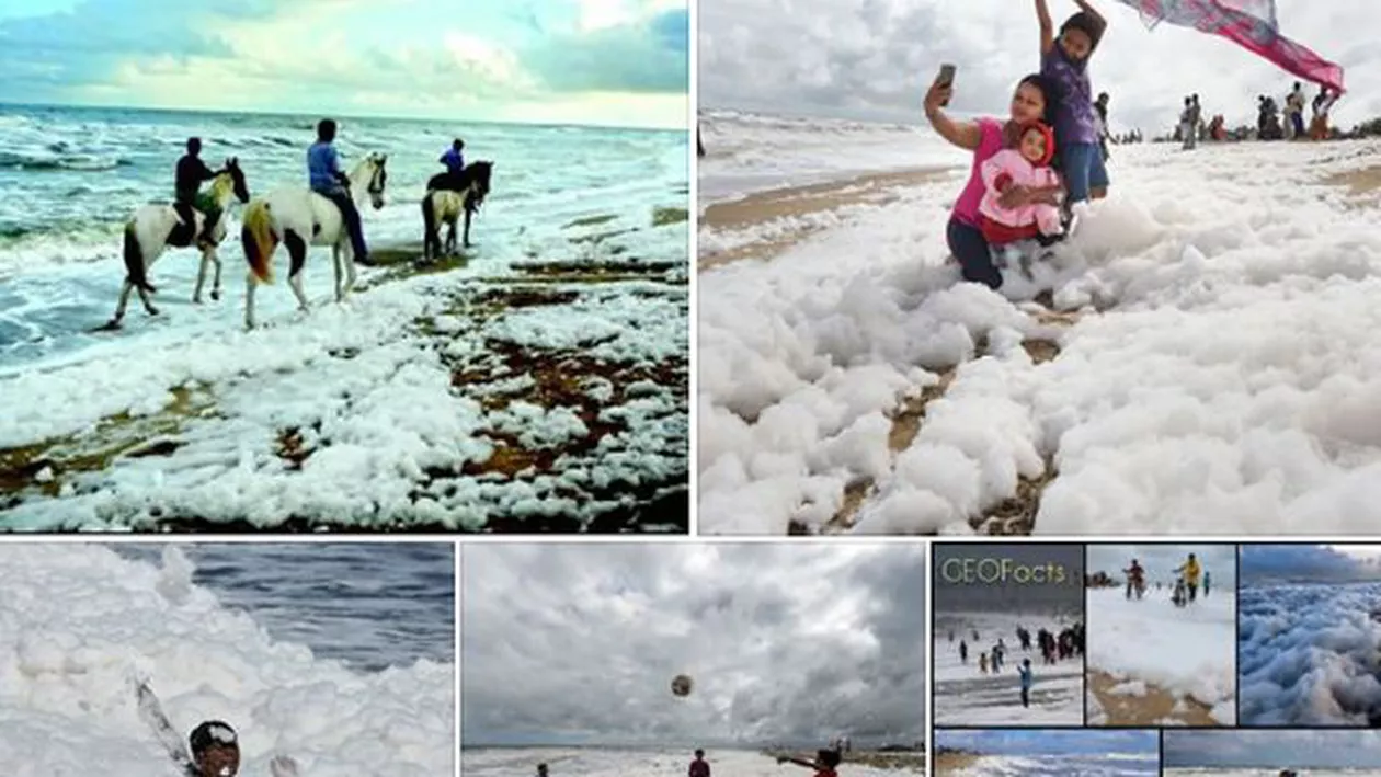 POLUAREA tinge cote extreme: Spumă TOXICĂ pe o celebră plajă din Chennai