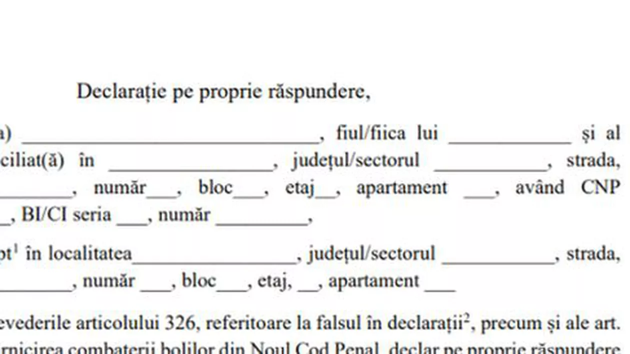 CORONAVIRUS | MODELUL declarației pe proprie răspundere referitoare la circulația persoanelor în afara locuinței / gospodăriei