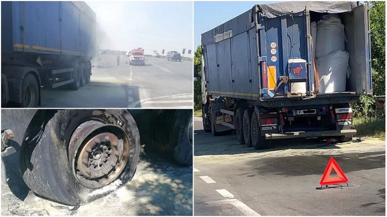 Un TIR încărcat cu 24 de tone de azotat de amoniu a luat foc. Circulație blocată pe DN 69
