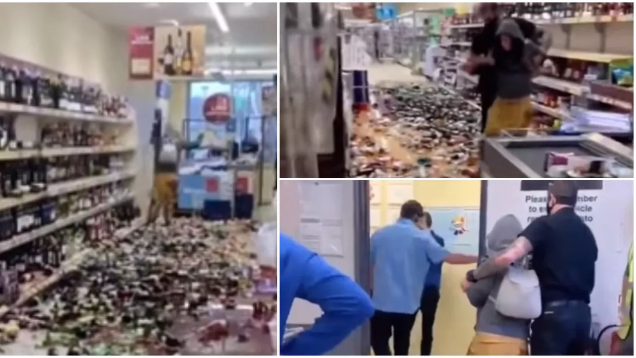 Momente șocante la un magazin din Anglia: O femeie a spart sute de sticle fără să scoată niciun cuvânt! Un client, care o îndemnase să se calmeze, a fost luat la țintă cu o sticlă de gin (VIDEO)