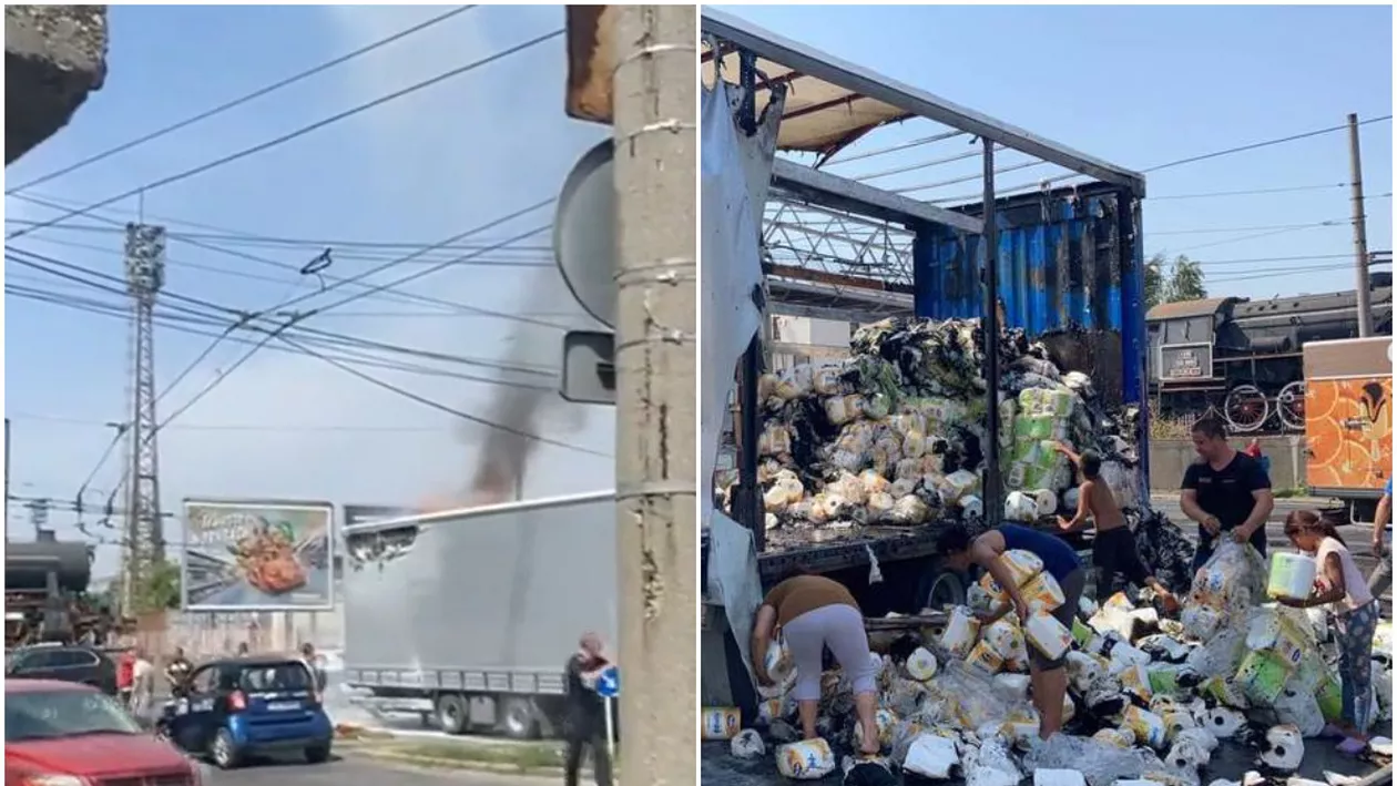 Pompierii au intervenit de urgență la Timișoara, după ce un camion încărcat cu hârtie igienică și șervețele pentru bucătărie a luat foc (VIDEO)