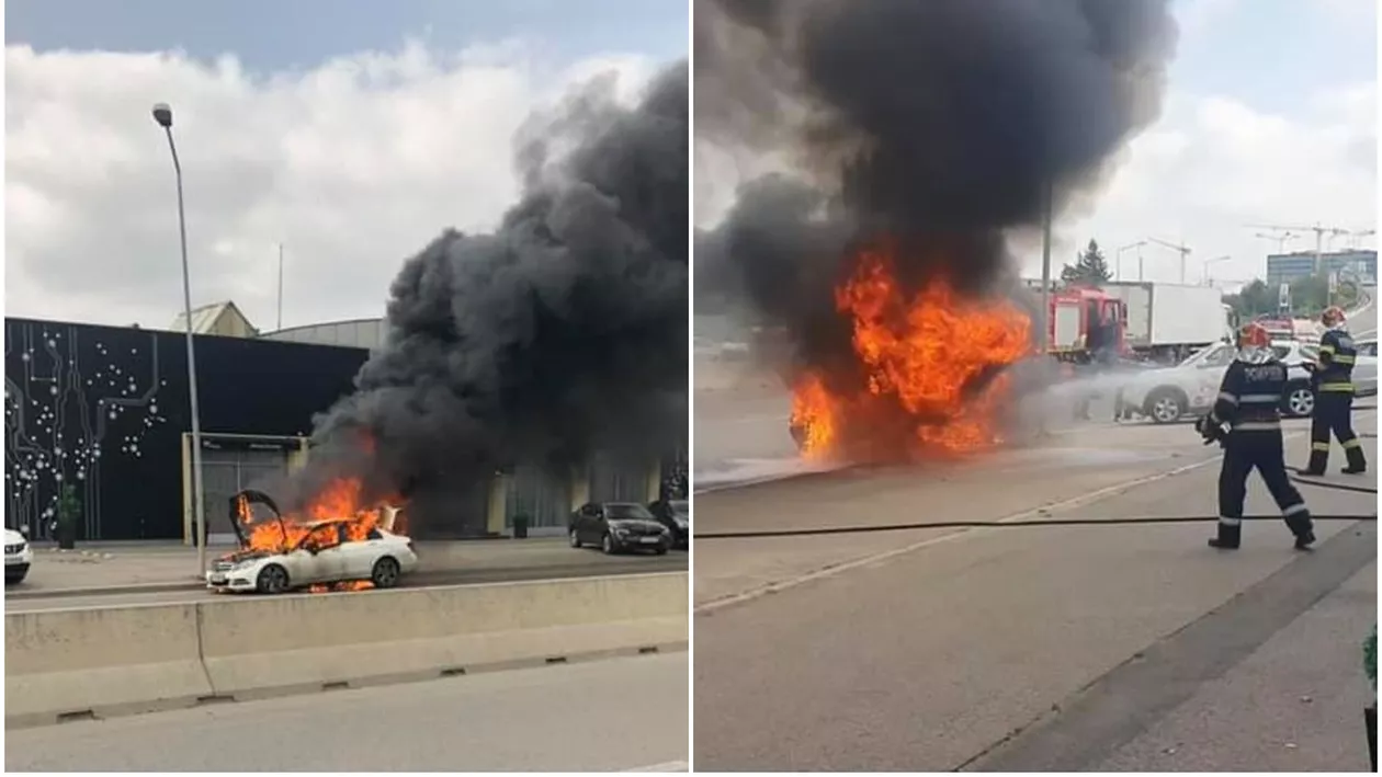 Mașină în flăcări pe străzile din Capitală. Autoturismul a ars în totalitate, în fața Direcției de Înmatriculări Pipera (FOTO)