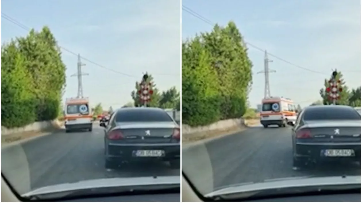 Șoferul unei ambulanțe a ignorat barierele de la calea ferată și a trecut, chiar înainte de sosirea trenului (VIDEO)