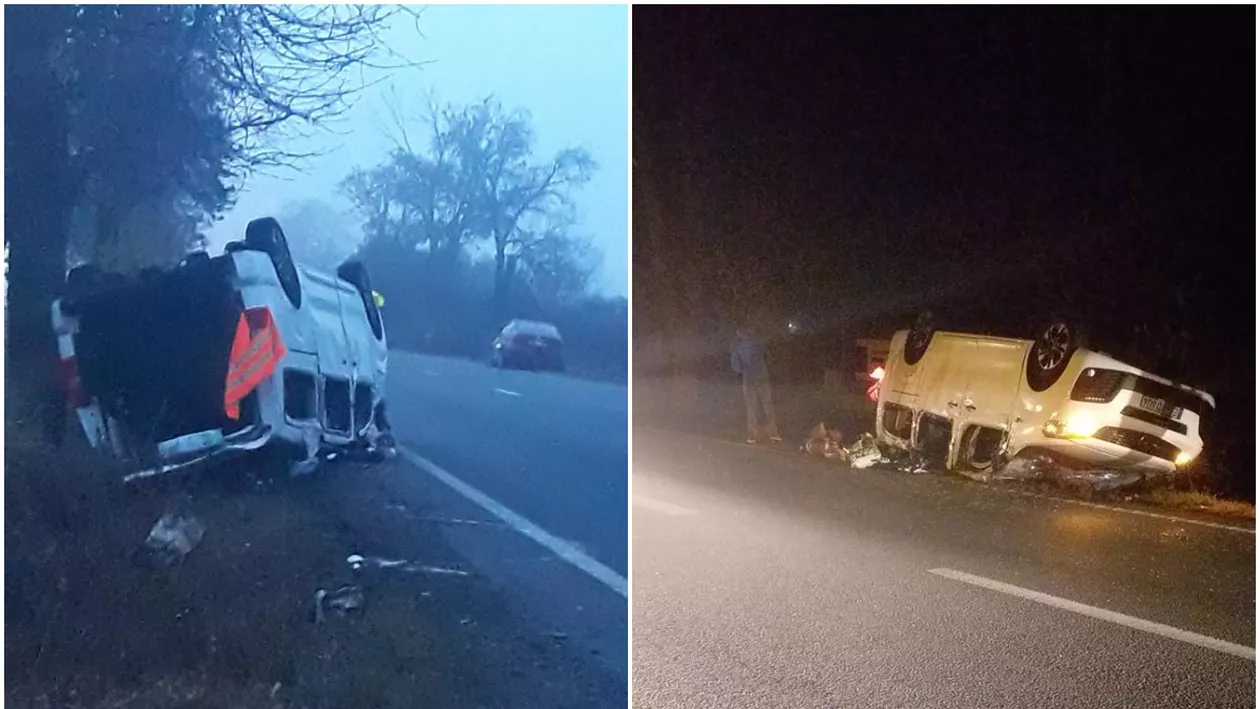 10 persoane, implicate într-un accident rutier în Satu Mare. Un microbuz s-a ciocnit cu un autoturism