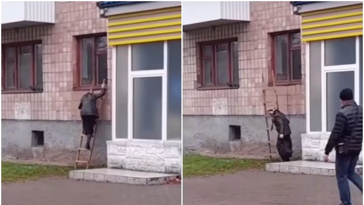 O bunicuță din Ucraina iese din bloc doar pe geam. Motivul halucinant pentru care nu folosește niciodată ușa de la intrare (VIDEO)