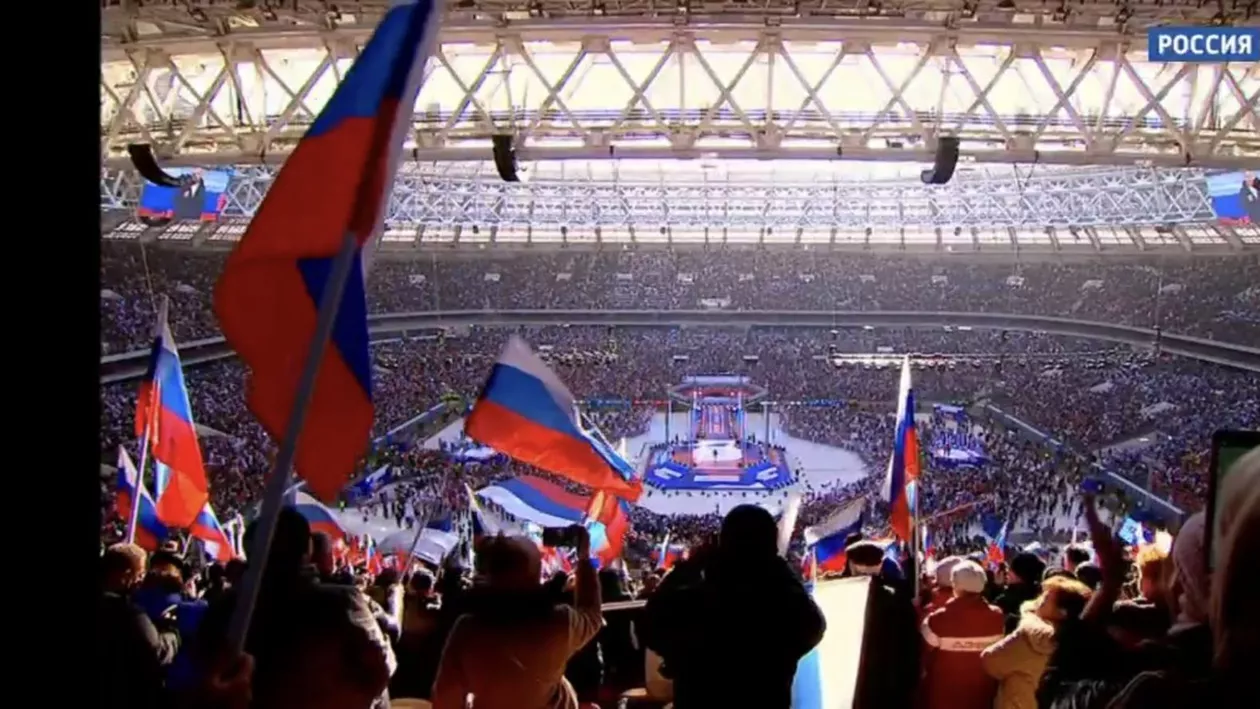 Televiziunea de stat rusă a întrerupt brusc dicursul președintelui Vladimir Putin pe stadionul Lujniki din Moscova (VIDEO)