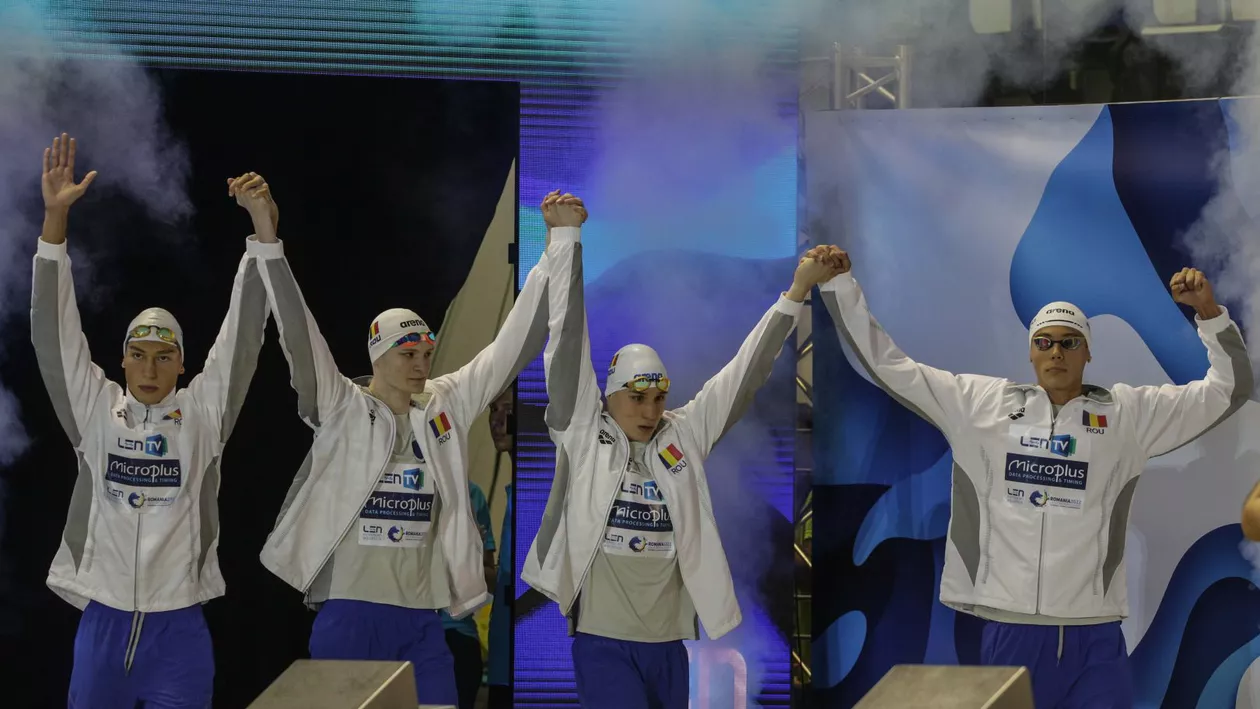 Finiș fabulos: Prima medalie pentru România la CE de Juniori de la Otopeni! Popovici, Stancu, Cozma și Dinu aduc AURUL la 4x100m