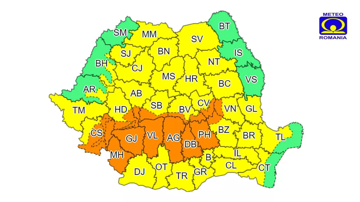 ANM: Cod galben și portocaliu de ploi torențiale și vijelii în toată țara
