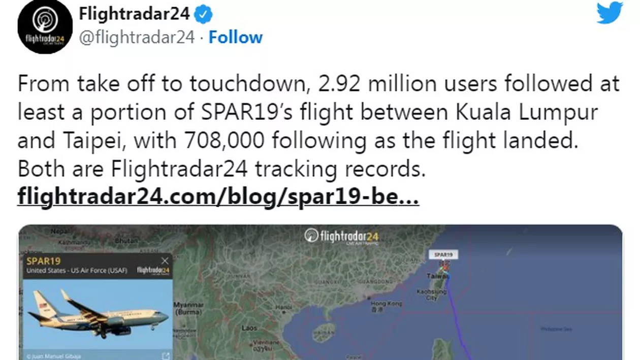 Flightradar24 a cedat: aproape trei milioane de urmăritori ai avionului lui Pelosi