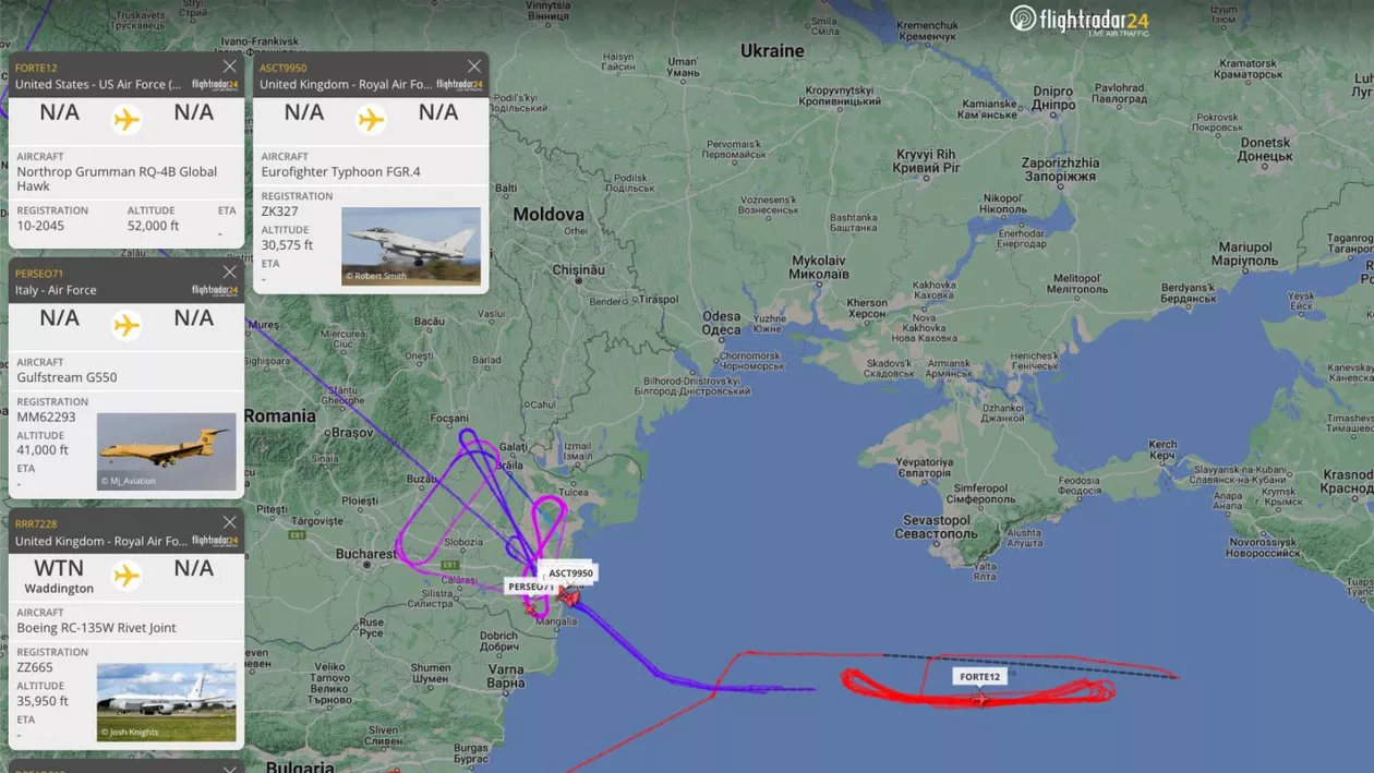Cel mai performant avion militar de securizare a spațiului NATO a survolat Dobrogea: Mii de vizualizări pe Flightradar24