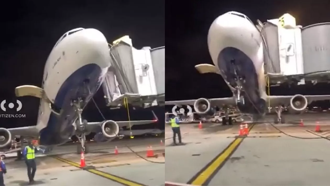 Momentul în care un avion se înclină pe partea din spate în timp ce este descărcat de bagaje, în New York (VIDEO)