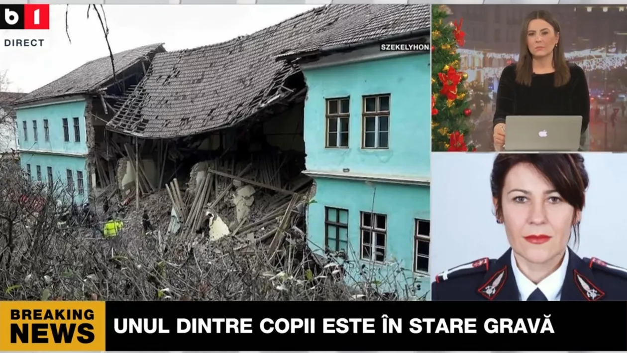 Zid prăbușit la un internat din Odorhei. Unul dintre copii este în stare gravă. Purtător de cuvânt ISU Harghita: Misiunea este în dinamică. S-ar putea ca numărul copiilor să fie mai mare (VIDEO)