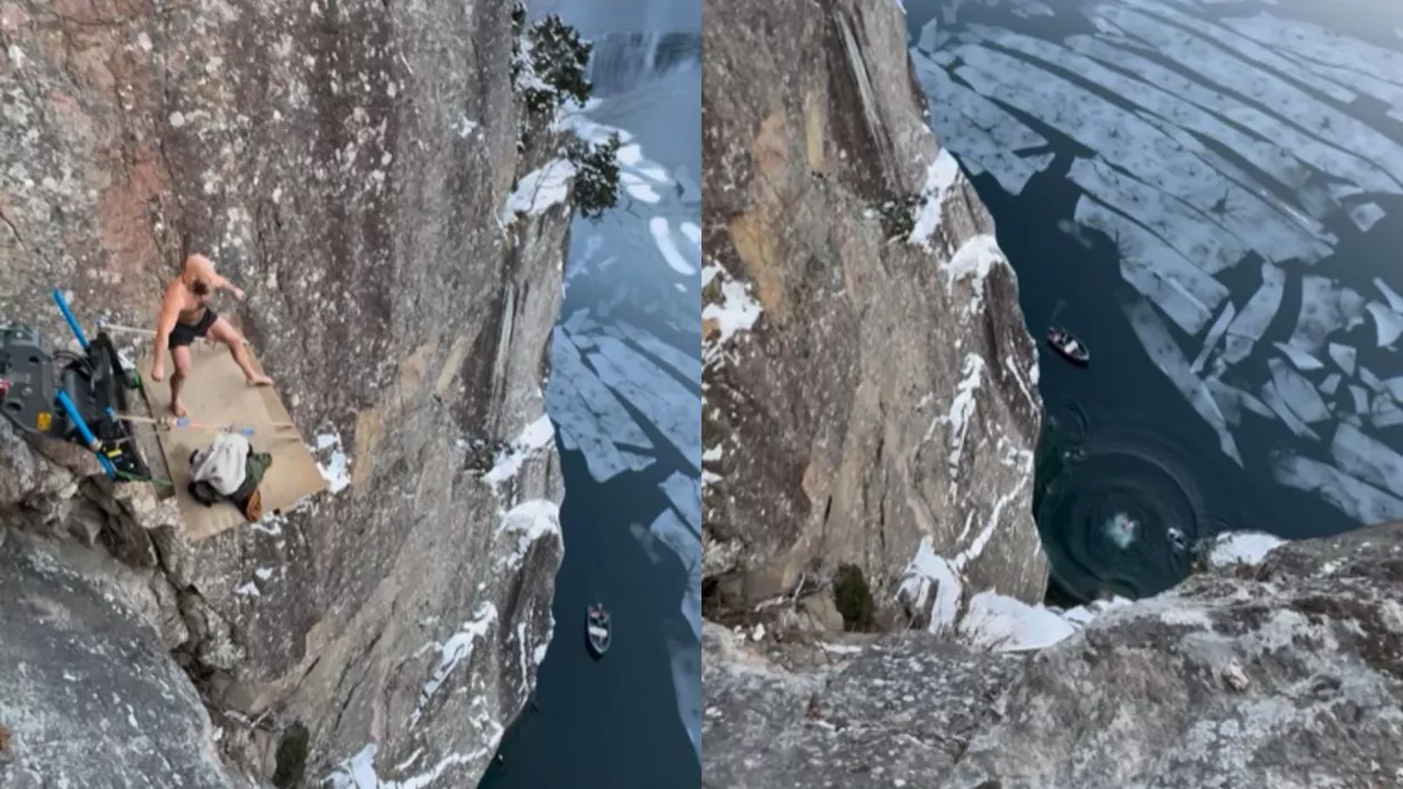 Recordul mondial la „Death Diving”, bătut de un norvegian! Bărbatul a lovit suprafața apei cu 110 km/h