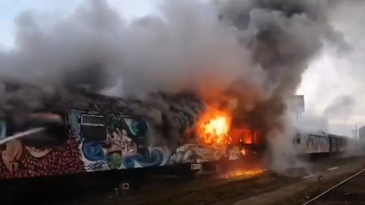 Incendiu în Gara Cluj-Napoca: Două vagoane, mistuite de flăcări și un bărbat rănit