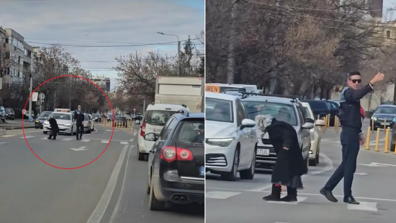 Un polițist din Ploiești a întrerupt examenul auto pentru a ajuta o bătrână să treacă strada. Așa arată normalitatea! (VIDEO)