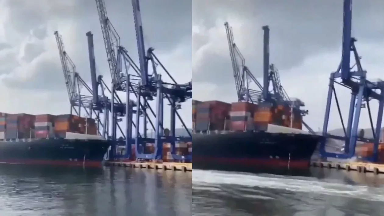 Un cargou a intrat în coliziune cu o macara, într-un port de la Marea Neagră, după o amarare ratată (VIDEO)