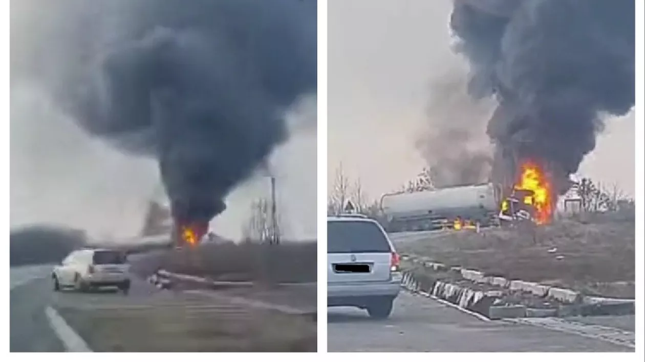 Incendiu în Dâmbovița. O cisternă cu GPL a luat foc după ce a fost implicată într-un accident rutier cu o altă cisternă și un autoturism (VIDEO)