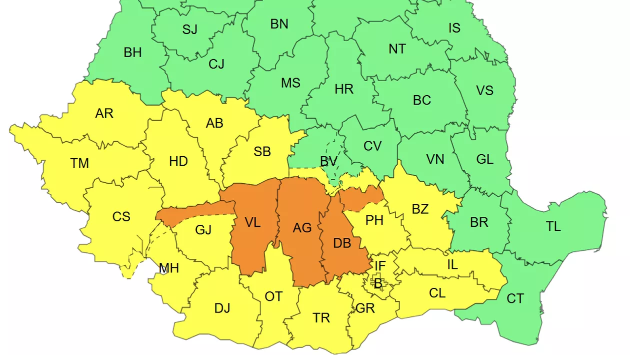 Cod portocaliu de ploi torențiale și cod galben de vijelii puternice. Meteorologii anunță fenomene extreme în peste 20 de județe
