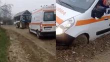 Ambulanță blocată în noroi în Vaslui. Cum a reușit un grup de călugări să salveze viața unei femei în vârstă de 90 de ani (VIDEO)