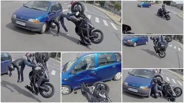Accident spectaculos la Arad: Un motociclist a fost la un pas de a-şi pierde viaţa după ce a lovit în plin un autoturism (VIDEO)