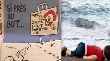 Charlie Hebdo revine cu două caricaturi privind criza refugiaților, în stilul său caracteristic: "Dovada că Europa este creştină - Creştinii merg pe apă. Copiii musulmani se scufundă" (FOTO)