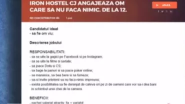Anunţul de angajare al unui hostel din Cluj face furori pe internet: Candidatul ideal trebuie să fie om viu, care să se uite la filme şi să nu facă nimic