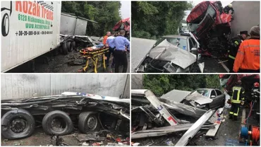 Accident GRAV între două autocamioane și un autoturism. DN7 BLOCAT! (FOTO)