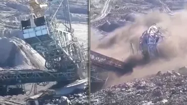 Un excavator gigant S-A PRĂBUȘIT la cariera minieră ALUNU, Vâlcea. IMAGINI DRAMATICE (VIDEO)