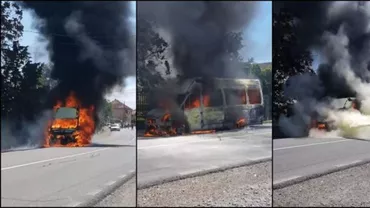 Microbuz în FLĂCĂRI: Șoferul şi pasagerii s-au salvat în ultimul moment (Video)