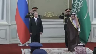 GAFĂ IMENSĂ la Riad: Saudiții au făcut praf imnul Rusiei, chiar în timpul întâlnirii dintre Vladimir Putin și regele Salman. Reacția liderului de la Kremlin (VIDEO)