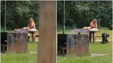 O femeie s-a relaxat la masaj pe masa de picnic. Scenele, surprinse într-un parc din Braşov printre grătare, mici și fum (VIDEO)