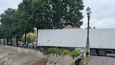 Un șofer de TIR a adormit la volan, în timpul mersului și a fost la un pas să cadă în Dâmbovița. S-a oprit într-un copac, pe Splaiul Independenței (VIDEO)