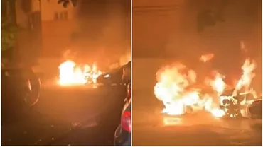 Incendiu puternic în Galați. Cinci autoturisme au ars în parcarea unui bloc (VIDEO)
