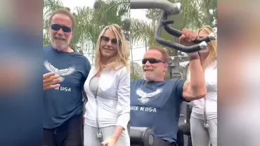 Arnold Schwarzenegger și Nadia Comăneci, surprinși într-un parc în timpul unui antrenament de fitness