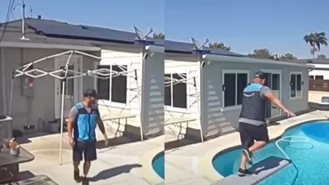 Efectele temperaturilor extreme: Un curier s-a aruncat îmbrăcat în piscina unui client / Momentul a devenit viral pe Internet (VIDEO)